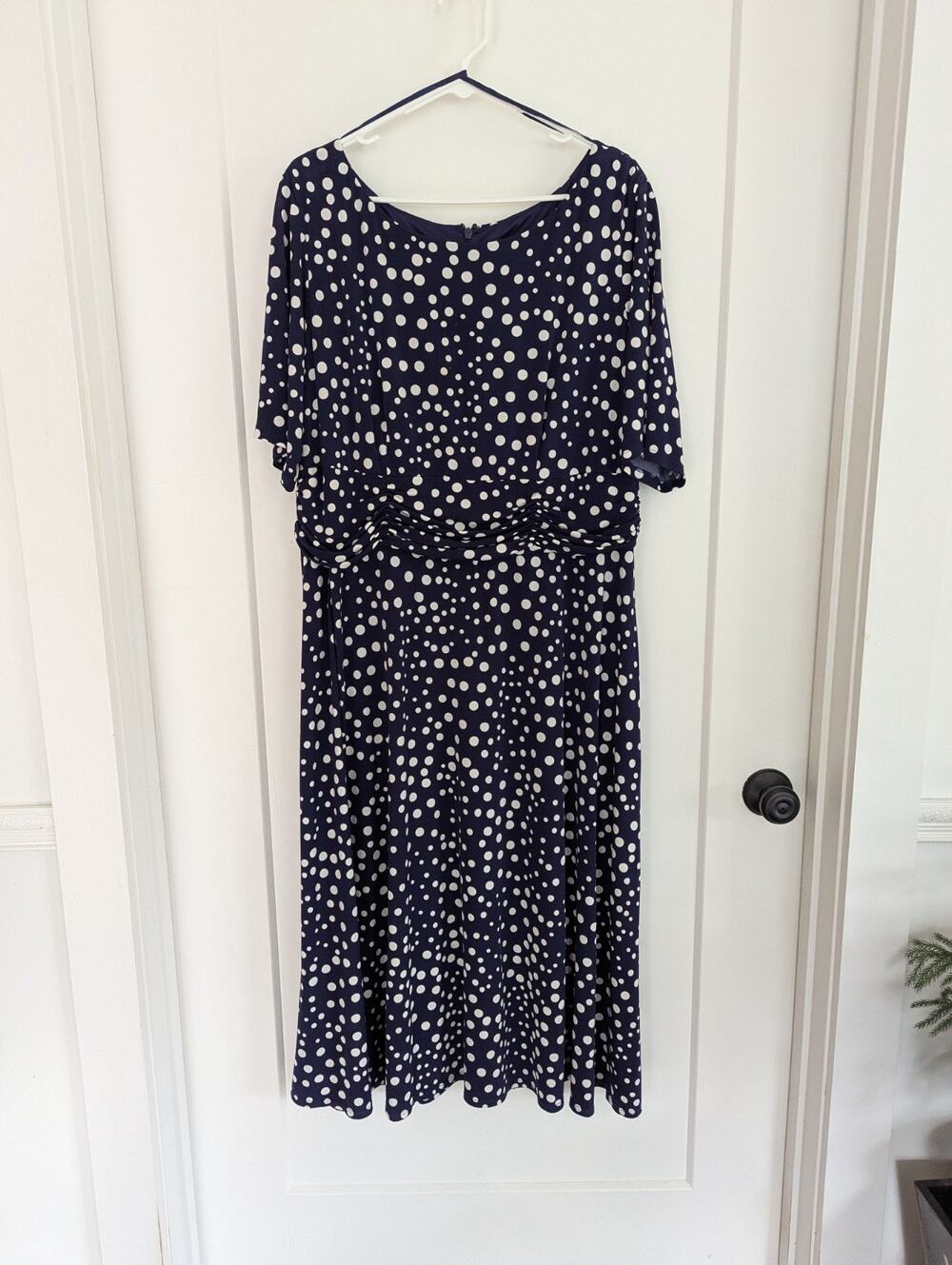 Jessica Howard 18W Navy Blue Polka Dot Short Sleeve Midi Dress Ruching Career